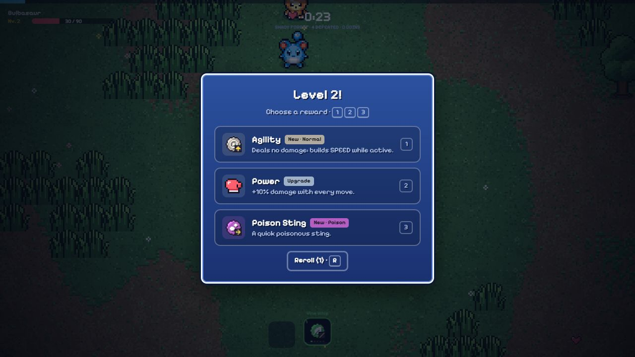 Agility, Power and Poison Sting offered as level-up choices in PokeSurvivor